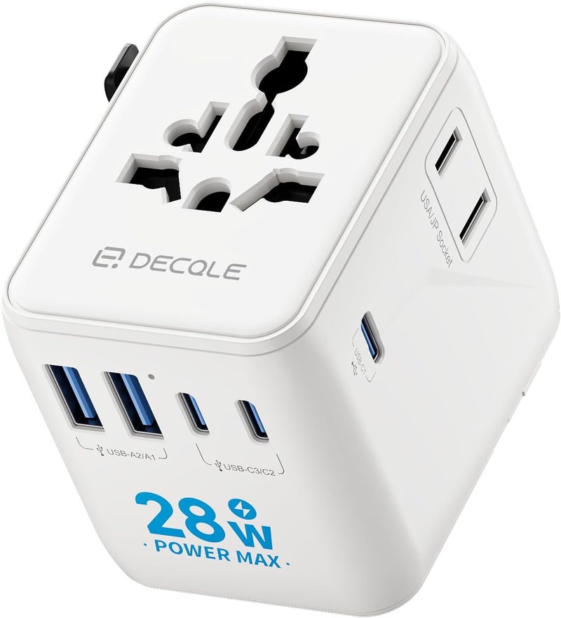 D DECQLE Universal Travel Adapter, International Travel Plug Adapter with 3 USB-C ＆ 2 USB-A Ports, with Extra 2 Prong AC Outlet All in One Portable Socket, for USA, UK, EU, AU ＆ 224+ Countries (White) - Image 1